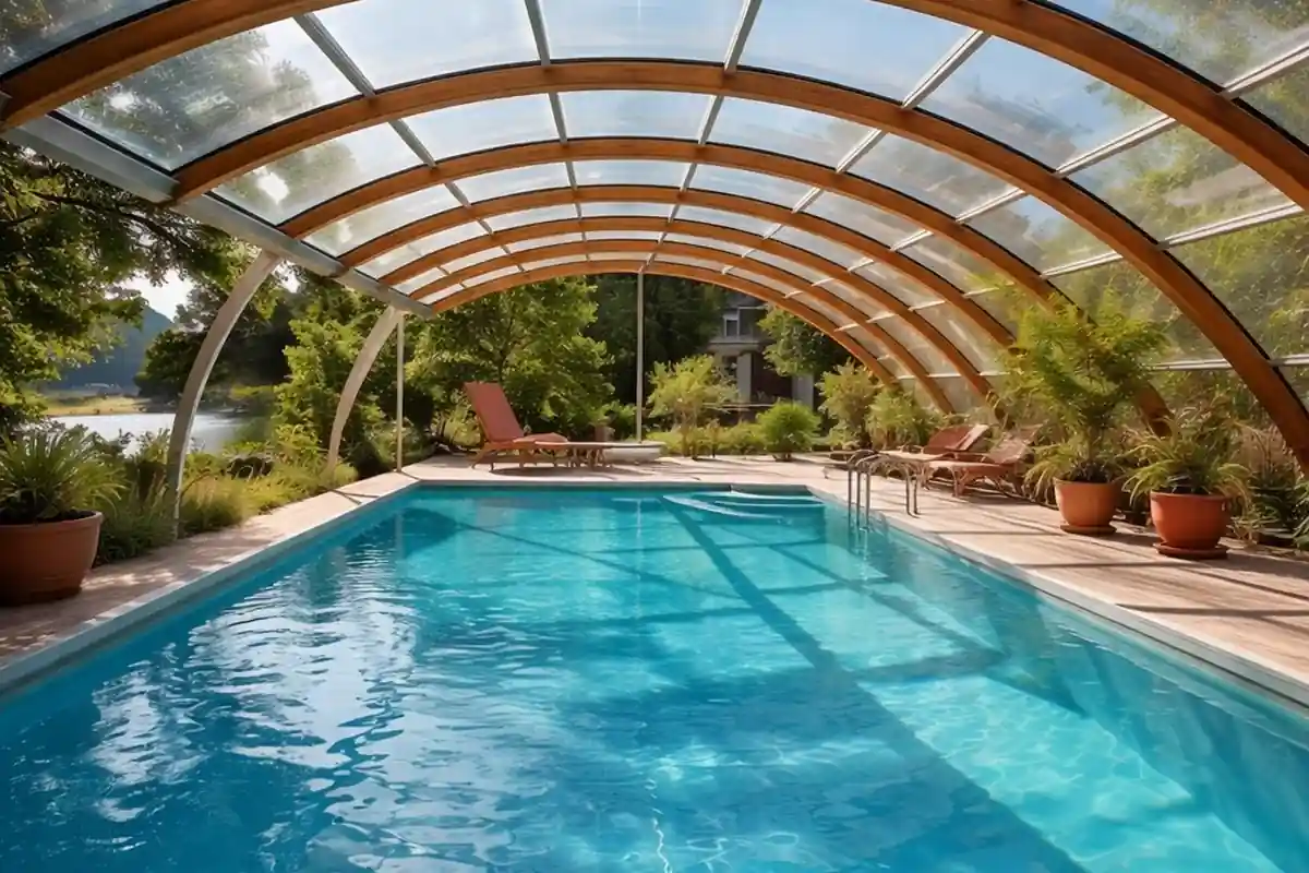Polycarbonate swimming pool roof cover structure manufacturer in India for outdoor pool protection