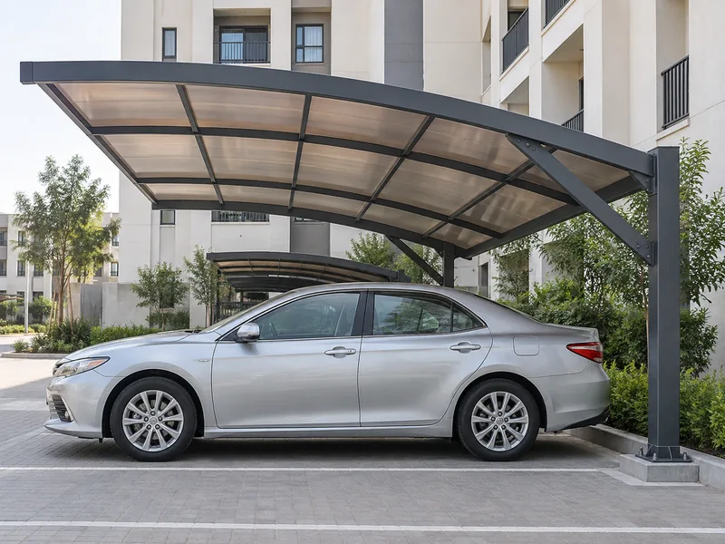 Residential polycarbonate canopy design showing the roof and surrounding space