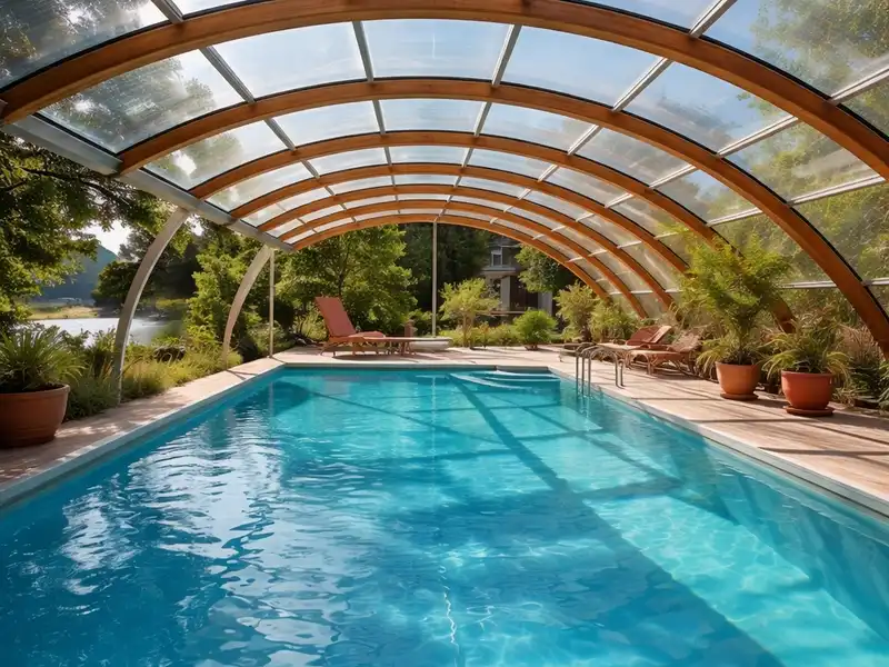 Luxury swimming pool covered with modern polycarbonate roofing structure
