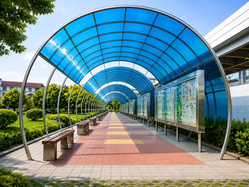 Polycarbonate walkway canopy structure manufacturer in India for covered pedestrian pathways