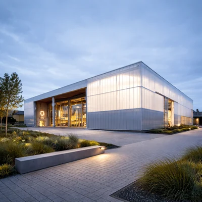 Modern translucent polycarbonate building facade system for commercial architecture