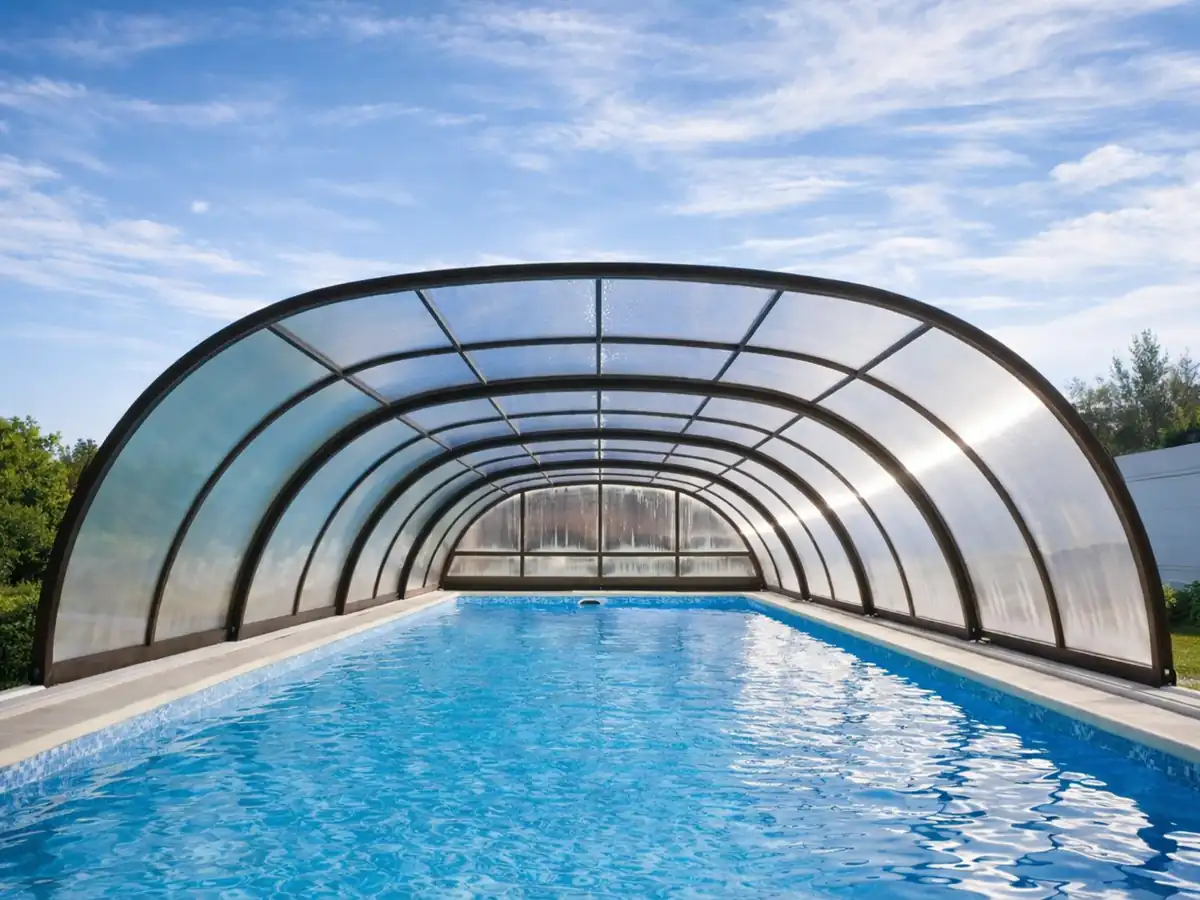 Transparent polycarbonate roofing cover for swimming pools with UV protection and weather resistance