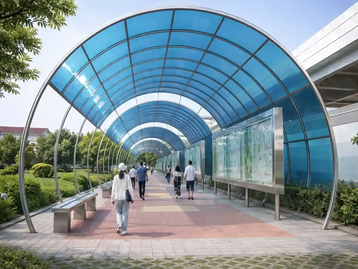 Polycarbonate walkway shed structure providing weather protection for pedestrian pathways