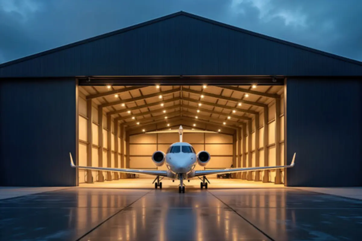 Inside a large hangar, a private jet is parked, highlighting the design of ShadeCo's prefabricated steel
structures.