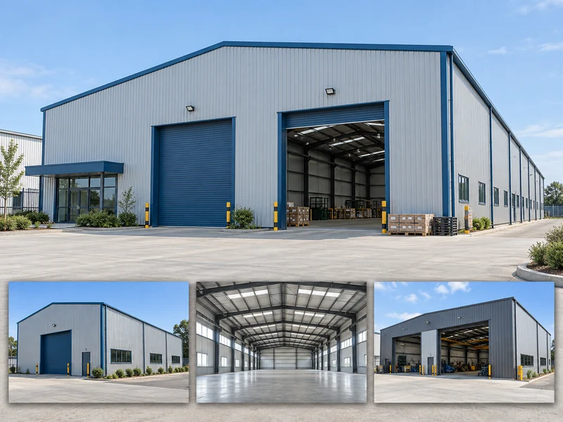 Grey metal-clad prefabricated steel building with blue trim, warehouse, steel-frame interior and workshop views