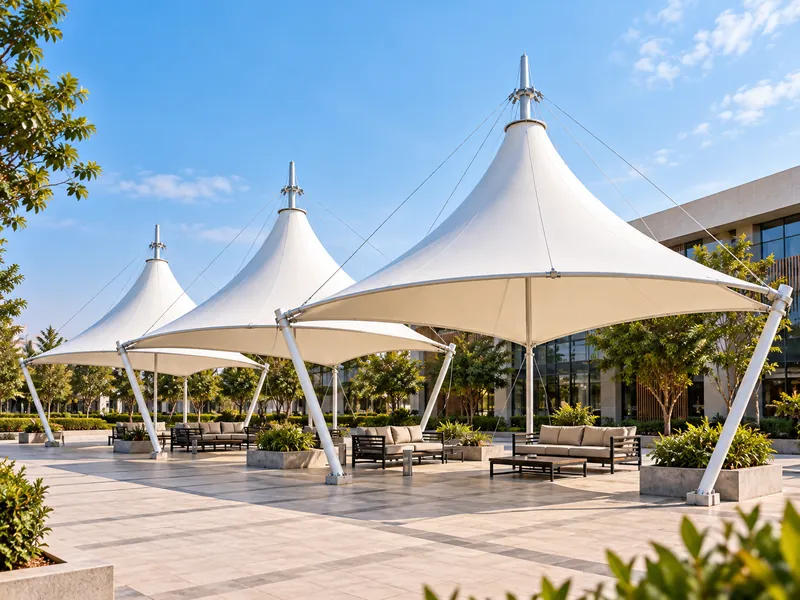 Conical courtyard canopies design showing the roof and surrounding space