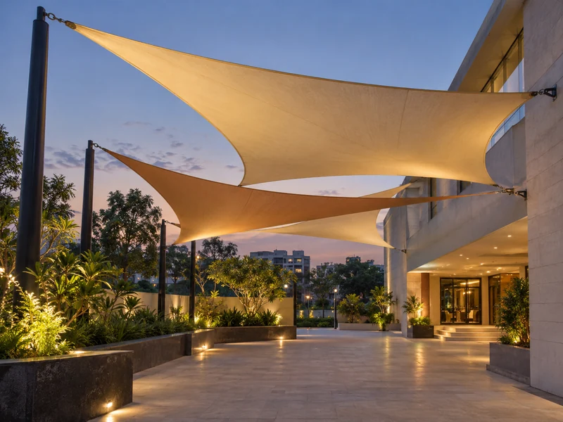 Twisted hypar shade sails at varying heights over a building forecourt, lit from below at dusk