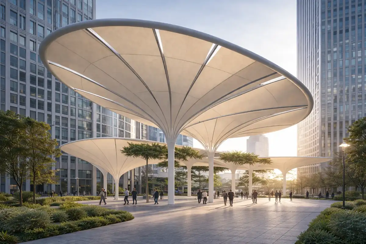 Large tensile umbrella shade structure for commercial landscape architecture