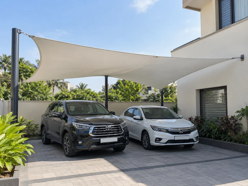 White shade sail over two parked cars at a house, fixed to the boundary wall and two posts behind the bays
