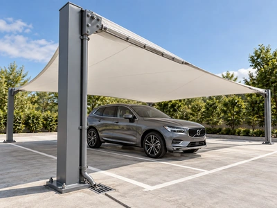 White car parking shade sail with bolted grey steel post, edge clamps and drainage beside a parked car