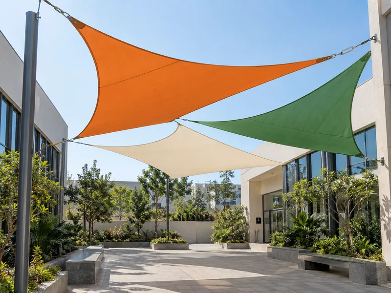 Orange, green and ivory shade sails over a courtyard between commercial buildings