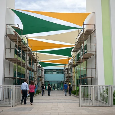 Commercial shade sails installed for shopping mall and large outdoor business areas
