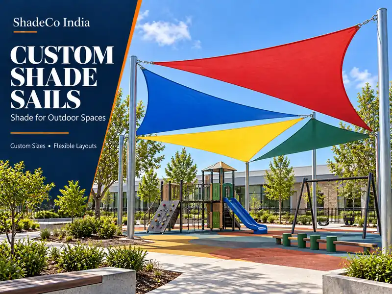 ShadeCo India shade sails poster with colourful shade sails over a playground