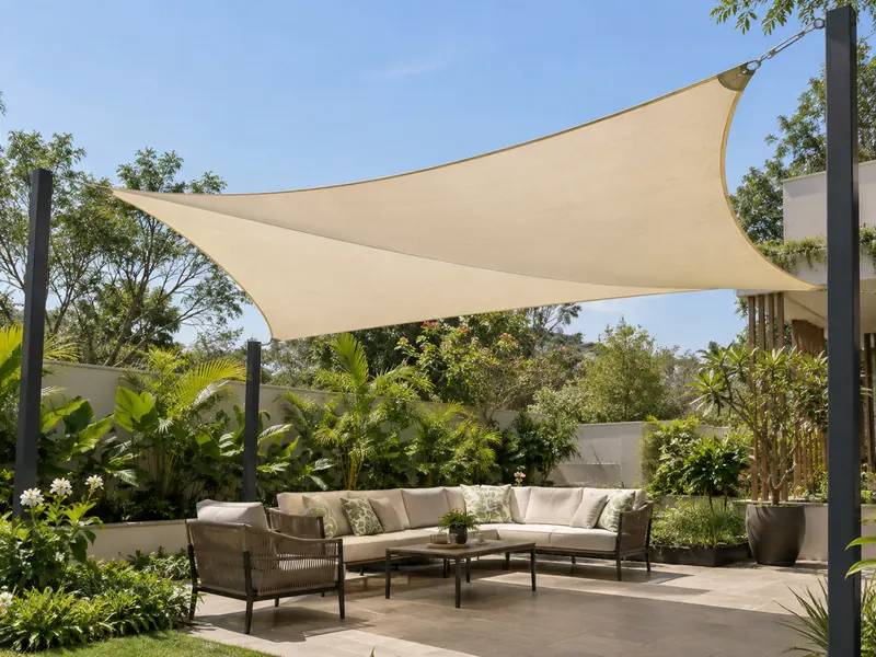 Ivory shade sails on dark freestanding posts above a garden seating area surrounded by planting