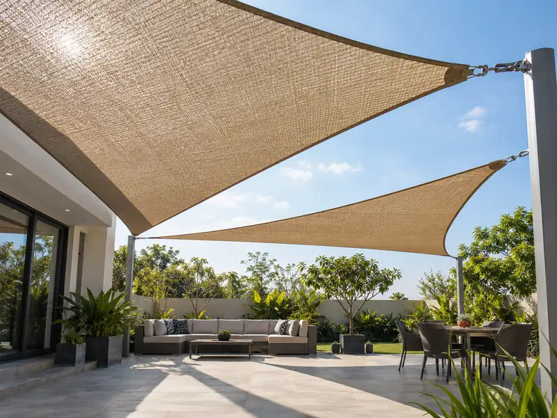 Close view of knitted HDPE shade fabric with daylight showing through the open weave of a sail