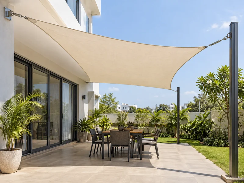 Ivory shade sail fixed to a house wall above sliding doors and to two posts over patio dining