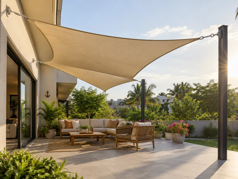 Patio sail sloping away from the house, shading a seating area from low afternoon sun