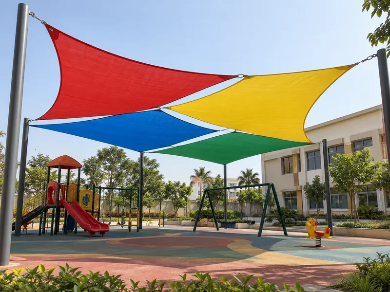 Red, yellow, blue and green shade sails overlapping above a school playground with slides and swings
