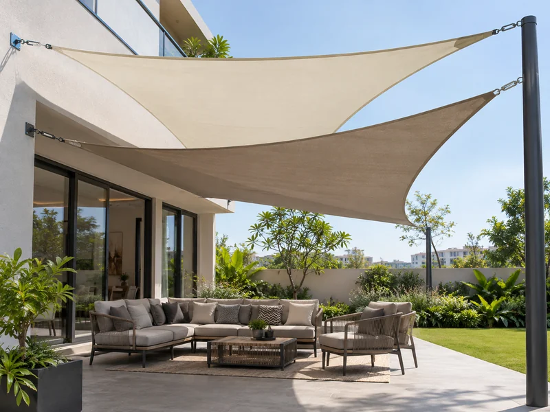 Ivory and taupe shade sails over outdoor seating beside a modern home