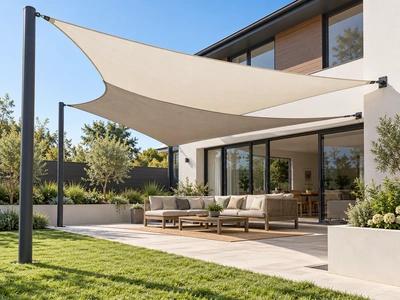 Ivory and taupe shade sails above outdoor seating beside a modern home