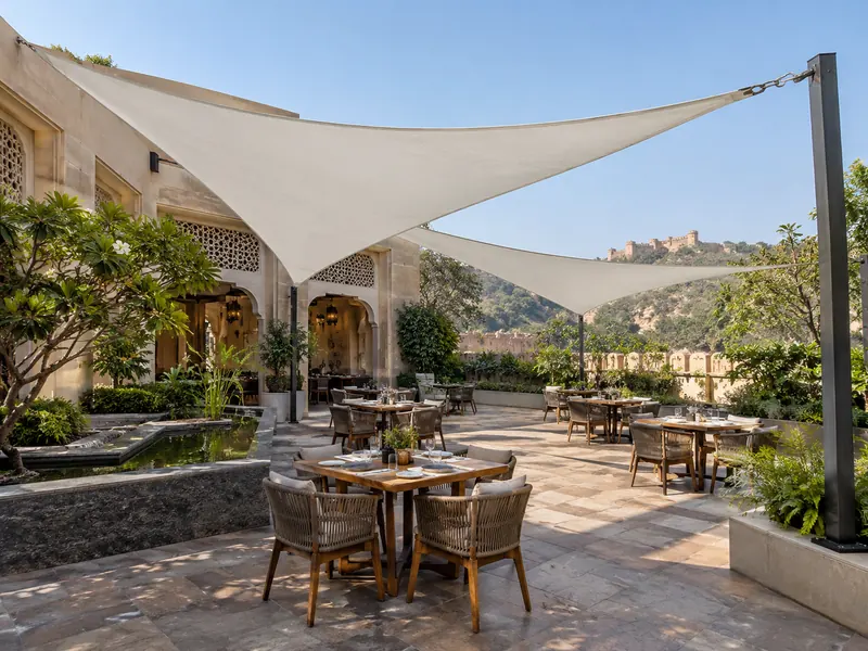 Outdoor cafe shade sails design showing the roof and surrounding space