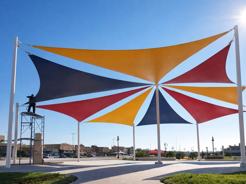 Playground shade sail structure providing UV protection for outdoor kids play area