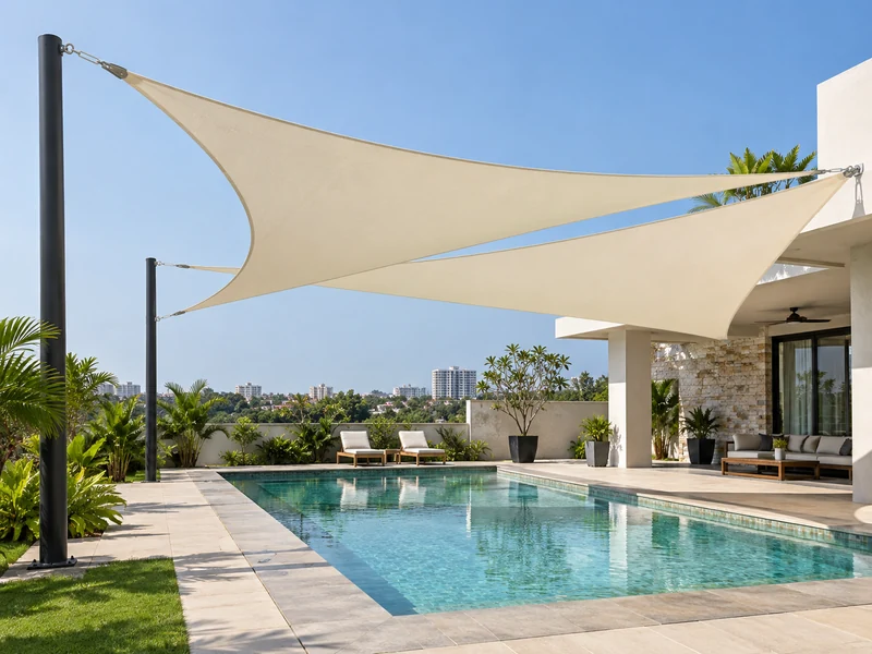 Poolside shade sails design showing the roof and surrounding space