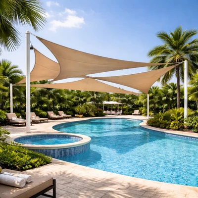 Swimming pool shade sails installed over hotel pool area for sun protection