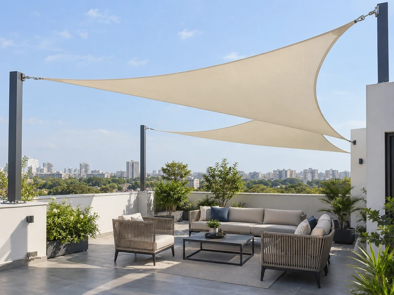 Ivory triangular shade sails over rooftop terrace seating with posts fixed on the parapet