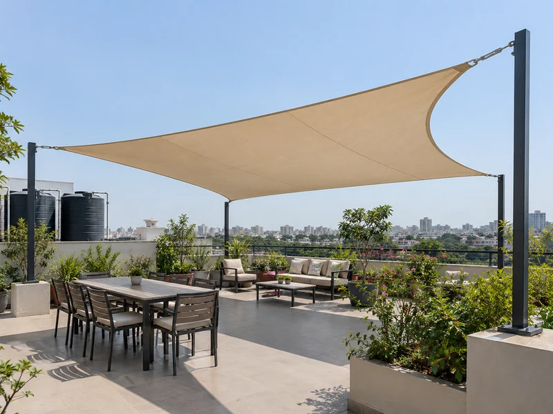 Terrace shade sail on base-plate posts over a roof garden, with water tanks left outside the sail