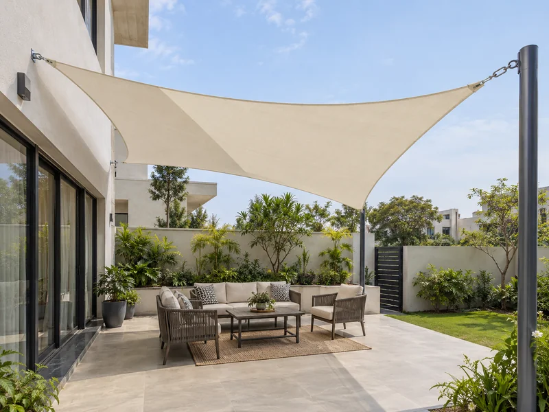 Single triangular ivory shade sail stretched between two house walls and one steel post over patio seating