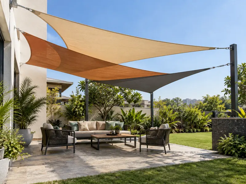 Three overlapping triangle shade sails at different heights shading a garden seating area