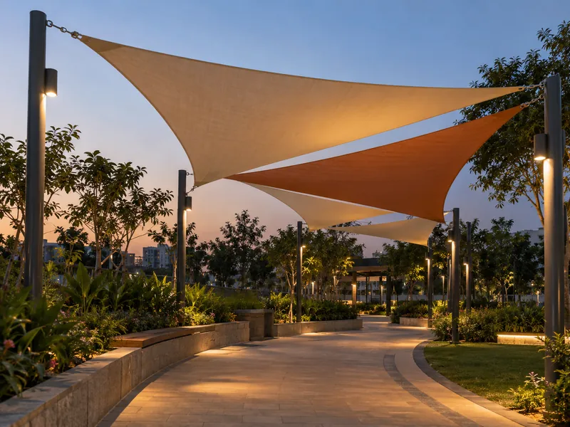 Overlapping triangle sails following a curved park walkway at dusk with lights on the posts