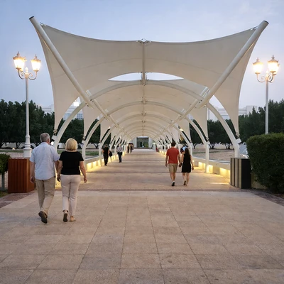 Walkway shade sails covering pedestrian pathways for sun protection and comfort