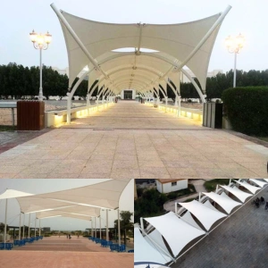 Walkway shade sails providing covered and comfortable pedestrian pathways
