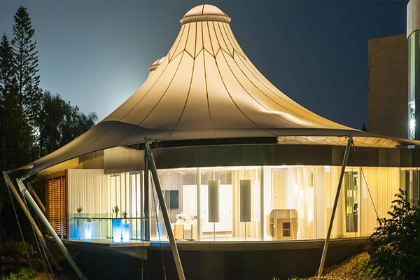 Tensile fabric gazebo structure by ShadeCo for modern outdoor architectural shade