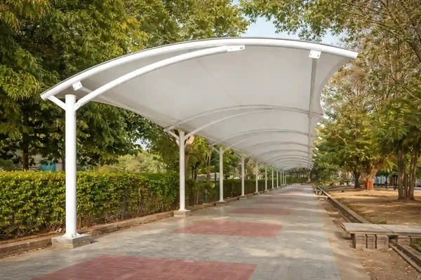 Walkway tensile canopy structure by ShadeCo for outdoor pedestrian shading