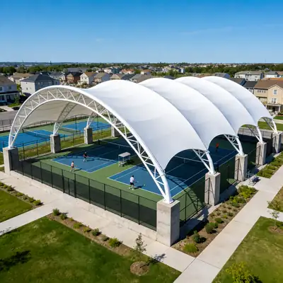 Sports court canopy tensile structure for covered outdoor sports facilities