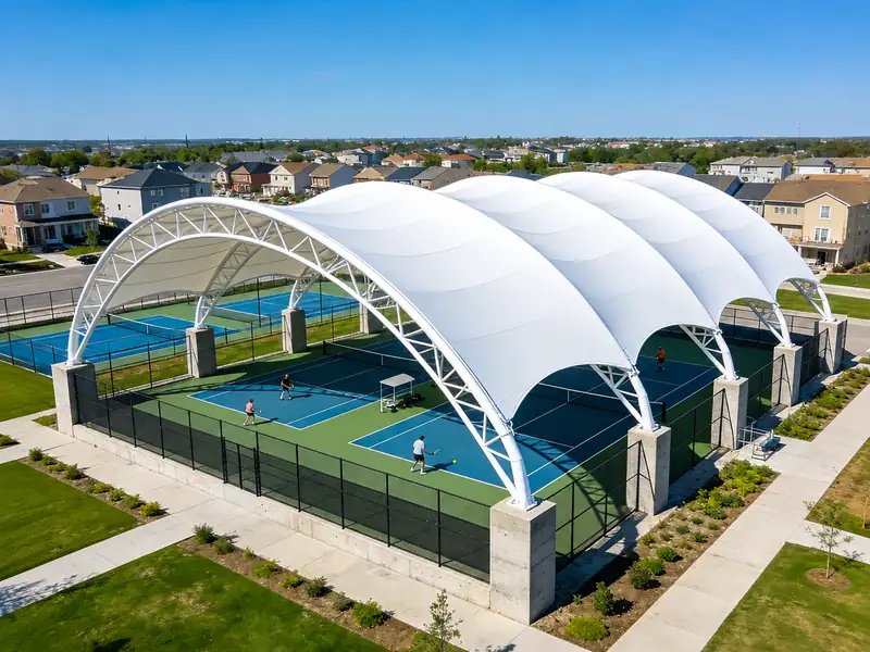 Large sports court tensile structure designed for covered outdoor badminton and recreational courts