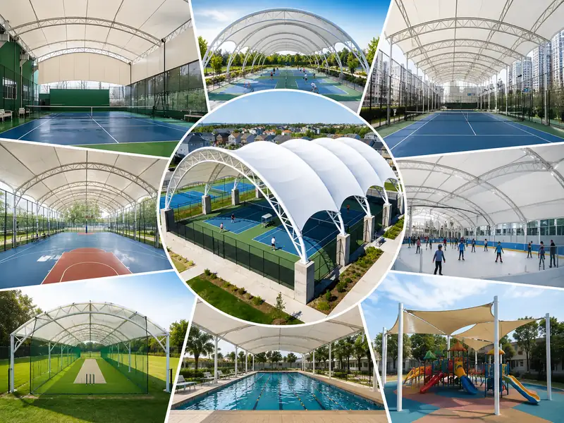 Sports shade structures for tennis courts, swimming pools, playgrounds and multi-sports facilities by shadeco