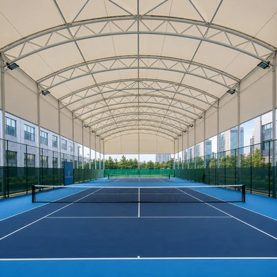 Tennis court shade structure providing sun protection and open play visibility