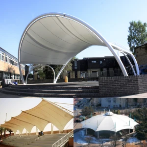 Amphitheatre tensile structures for covered seating and performance areas
