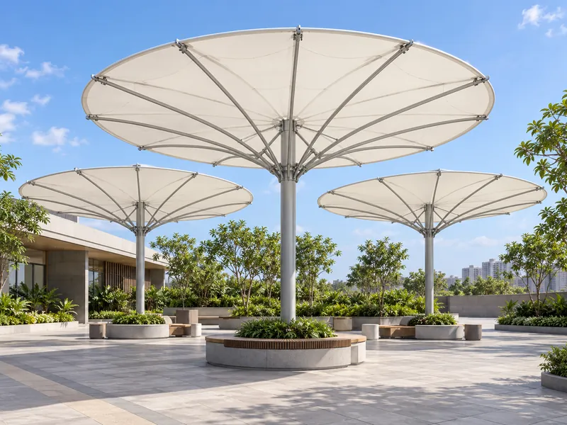 Three circular tensile umbrella canopies on central steel masts above plaza seating