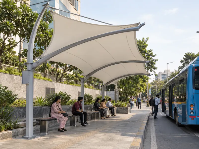 Cantilever fabric bus shelter on a city footpath with passengers seated and a bus at the kerb