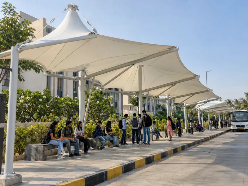 Row of tensile bus bay canopies at a college campus with students waiting in the shade