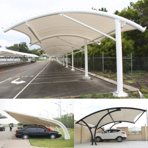 Car parking tensile shade structures for residential and commercial parking areas