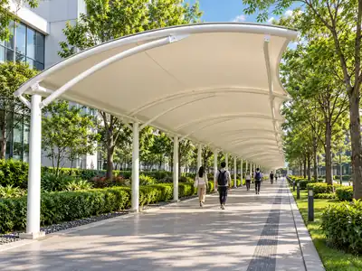 Walkway tensile structures by ShadeCo India for covered pedestrian pathways malls campuses and corridors