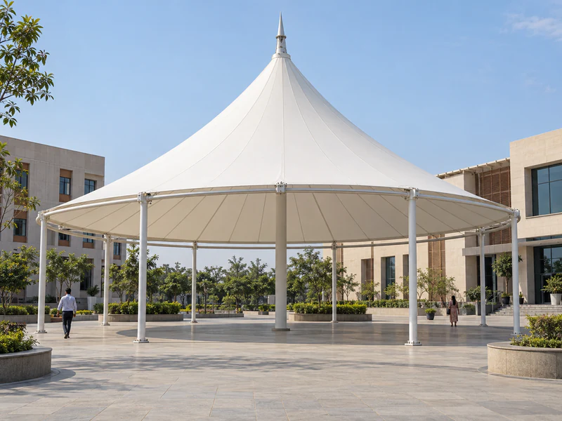 White conical tensile canopy with a central mast and perimeter columns over a paved plaza