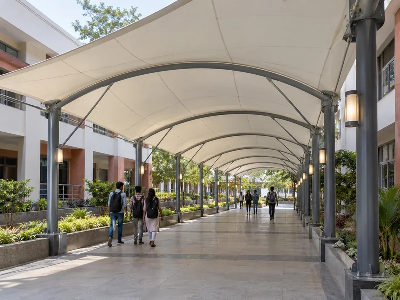 Arched membrane corridor joining two college blocks, with lights fixed along the steel columns