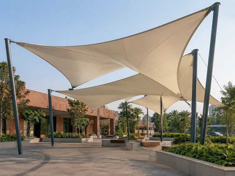 Three overlapping twisted membrane canopies at different heights above a paved plaza